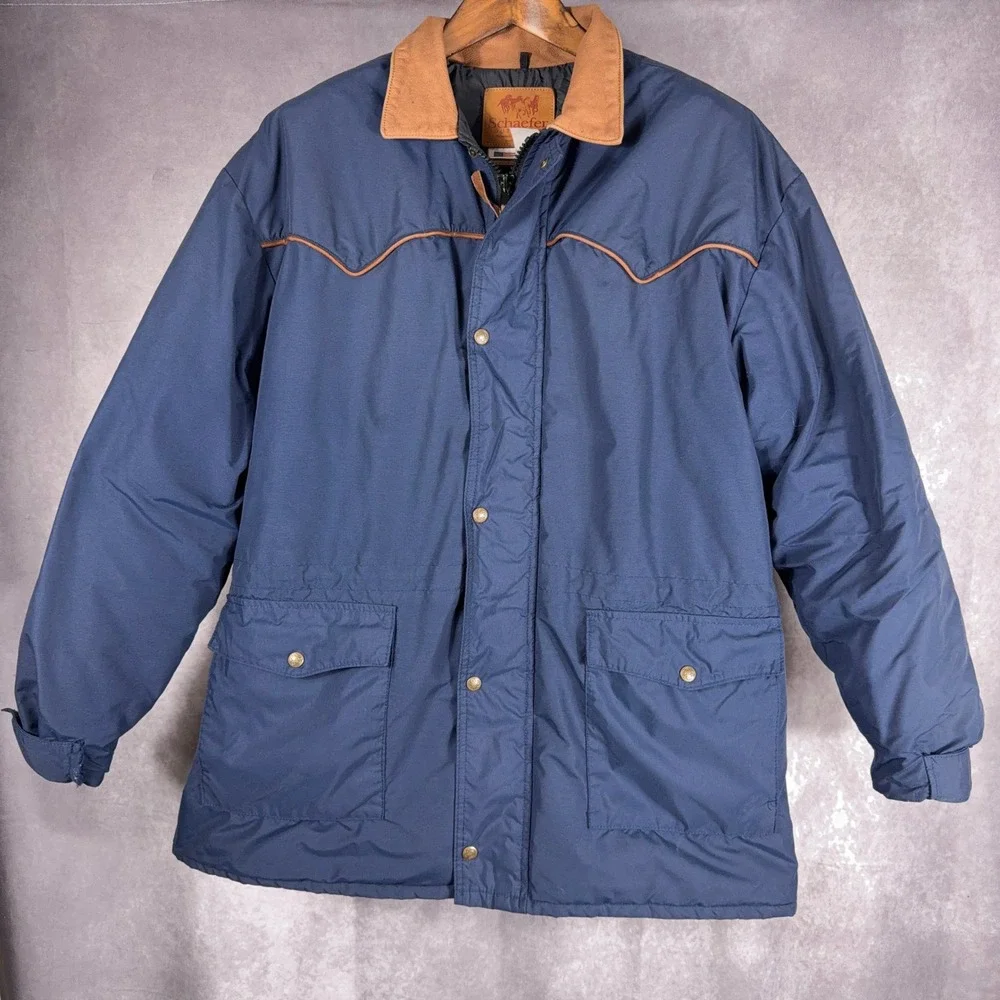 Schaefer Outfitter Drifter Jacket Leather Collar‎ Nylon Western Large Blue USA